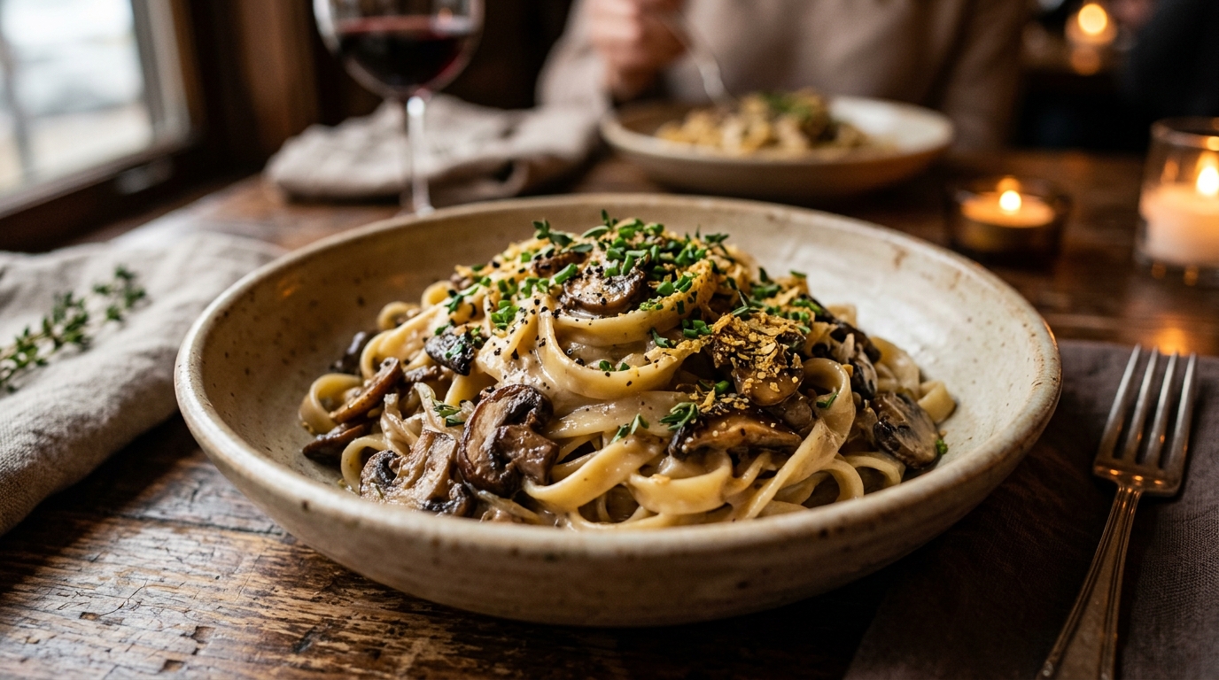 Vegan Kremalı Mantarlı Makarna